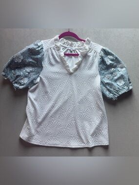 VOY White Embroidered Top with Blue Floral Puff Sleeves
